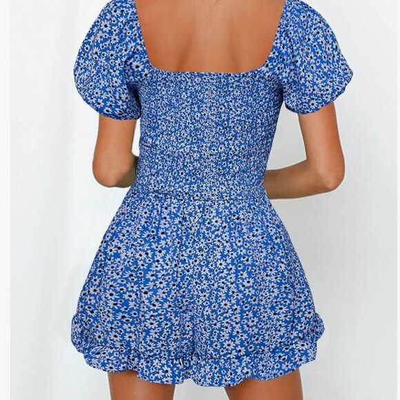 Blue Floral Capped Sleeved Romper - Picture 2 of 2